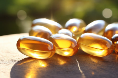 several vitamin d capsules on a natural sunlight background, created with generative aiの素材