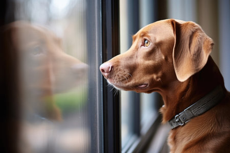 dog looking through a clear glass door, created with generative aiの素材