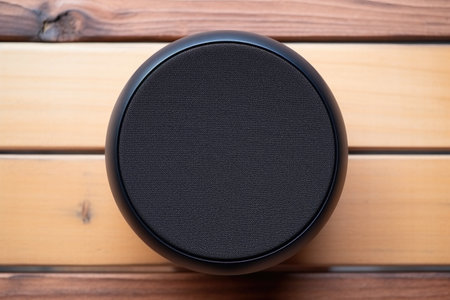 top view of a black smart speaker on wooden table, created with generative aiの素材