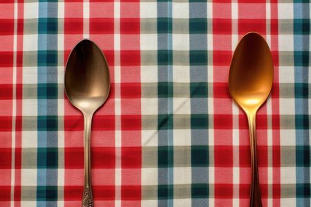 two spoons side by side on a tablecloth, created with generative aiの素材