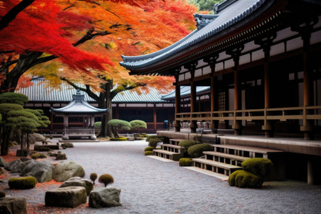 shinto shrine courtyard covered in autumn leaves, created with generative aiの素材