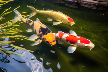 two koi fish swimming in a shared pond, created with generative aiの素材