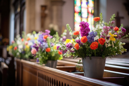 fresh flowers arranged in a church, created with generative aiの素材