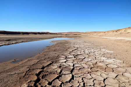 a dried-up lake under a clear sky, created with generative aiの素材