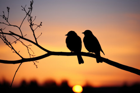silhouette of two birds on a branch, created with generative aiの素材