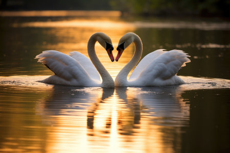pair of swans forming a heart shape with neck, created with generative aiの素材