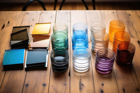 photo filters spread out on a wooden table, created with generative aiの素材