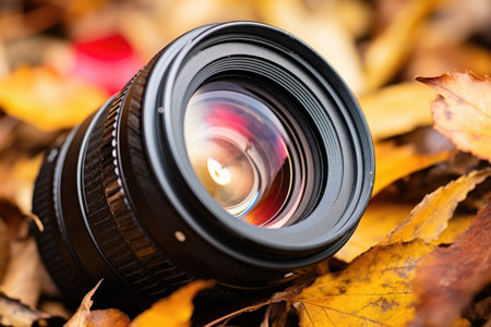 macro lens surrounded by colorful autumn leaves, created with generative aiの素材
