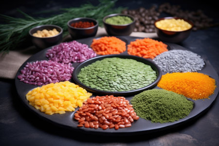 variety of colorful lentils spread on a slate plate, created with generative aiの素材