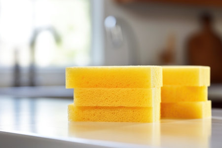 close-up of soapy sponge on a kitchen counter, created with generative aiの素材