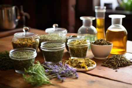 a selection of herbal teas on a wooden table with a teapot, created with generative aiの素材