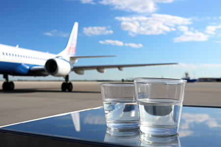 bucket of bottled water and an airplane wing in the background, created with generative aiの素材