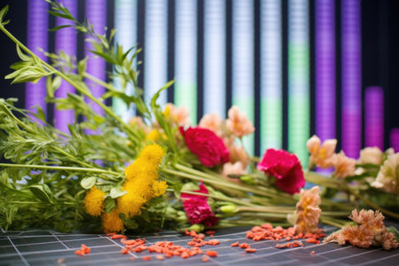 fresh flowers blooming near a falling stock market graph, created with generative aiの素材