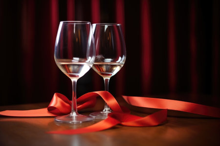 two wine glasses interlinked with a red satin ribbon, created with generative aiの素材