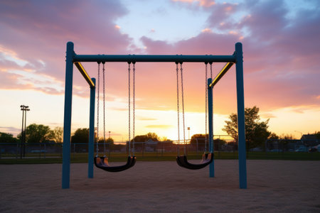 two empty swings in a playground against a sunset sky, created with generative aiの素材