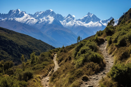 snow-capped mountains visible from a trail, created with generative aiの素材