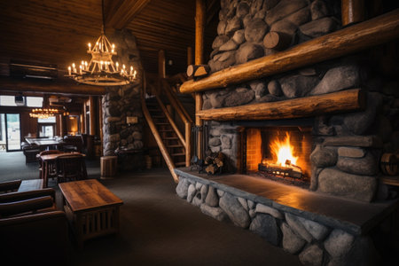 a wooden mountain lodge with a stone fireplace, created with generative aiの素材