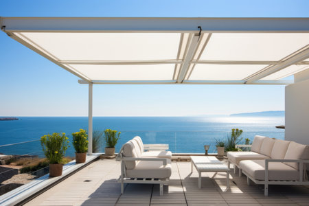 detail of a rooftop terrace with sea view, created with generative aiの素材