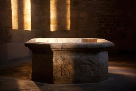 baptismal font made of stone illuminated by daylight, created with generative aiの素材