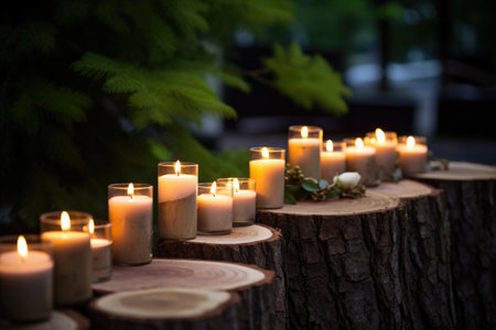 candles burning on a log table outside, created with generative aiの素材
