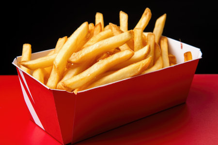 french fries in a red takeaway box, created with generative aiの素材