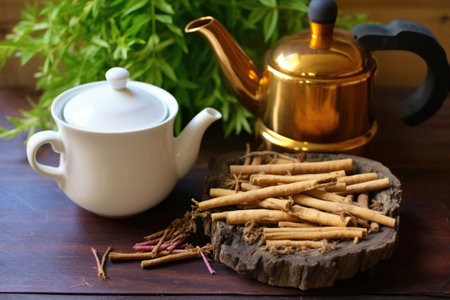 licorice root tea in a teapot, loose root beside, created with generative aiの素材