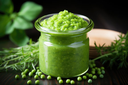 pile of pureed green peas in a glass jar, created with generative aiの素材