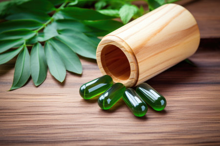 retinol capsules on a wooden surface with green leaves around, created with generative aiの素材