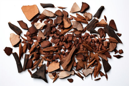 top view of medicinal tree bark pieces scattered on white, created with generative aiの素材