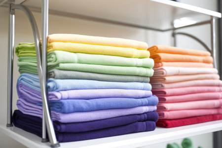 colorful folded towels on a metal rack, created with generative aiの素材