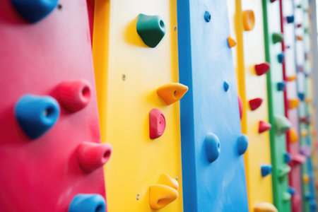 a climbing wall for children with bright holds and grips, created with generative aiの素材
