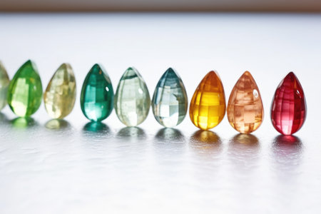 row of shiny rough gemstones placed on a marble background, created with generative aiの素材