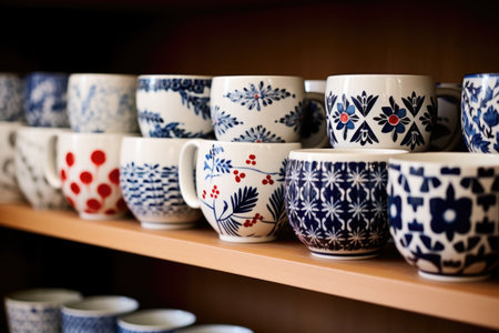 teacups with different traditional designs on a shelf, created with generative aiの素材