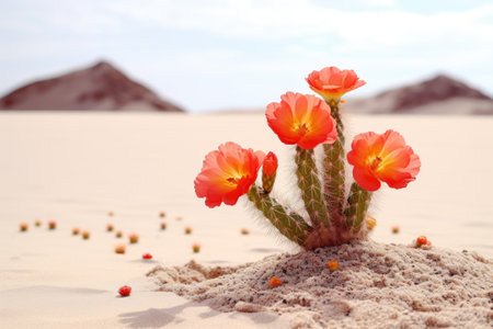 cactus with blooming flowers against a sandy backdrop, created with generative aiの素材
