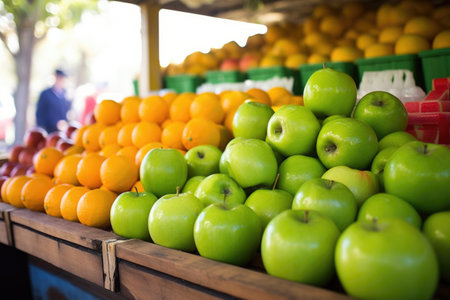 green apples and oranges in a fruit stand, created with generative aiの素材