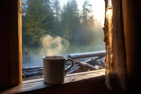 a crisp morning seen through a cabin window, a mug of herbal tea steaming, created with generative aiの素材