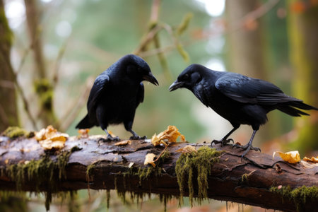 crows sharing food in a forest, created with generative aiの素材