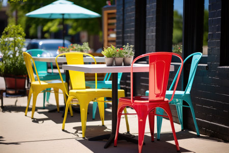 bright outdoor bistro tables with matching chairs, created with generative aiの素材