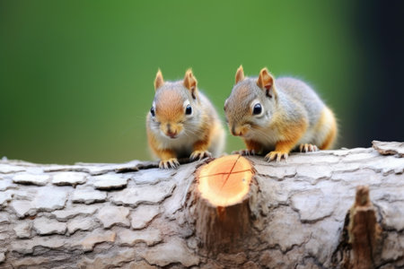 two squirrels sharing a nut on a log, created with generative aiの素材