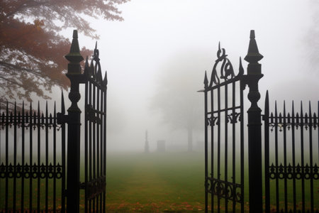 a cemetery gate opened slightly against a foggy backdrop, created with generative aiの素材