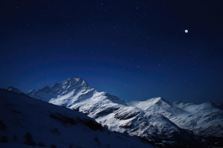 a snowy mountain peak under a moon-lit night sky, created with generative aiの素材