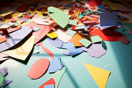 paper cutouts lying disorderly on a colored floor, created with generative aiの素材