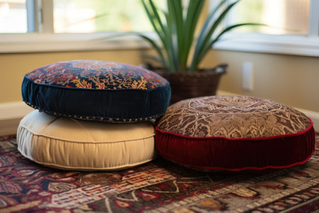meditation cushions placed on a rug, created with generative aiの素材