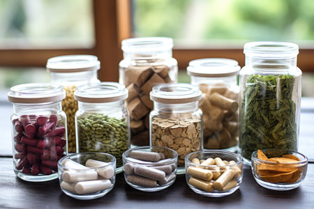 vegan supplements in glass containers, created with generative aiの素材