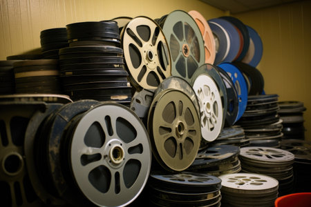 pile of film reels in a project room, created with generative aiの素材