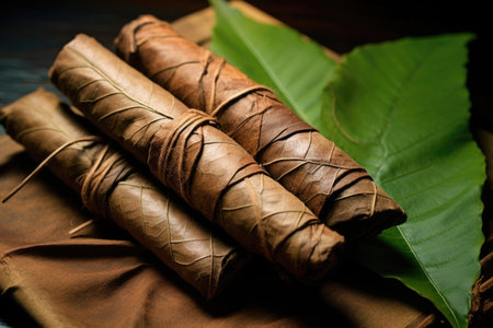antique-looking native hand-rolled cigars placed on a leaf, created with generative aiの素材