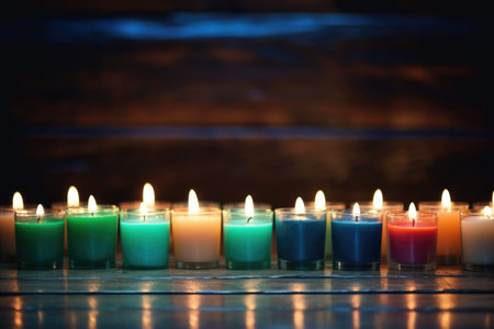 candles glowing in the dark on a wooden table, created with generative aiの素材