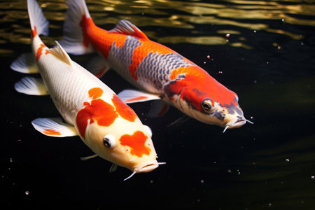 two koi fish swimming in a shared pond, created with generative aiの素材
