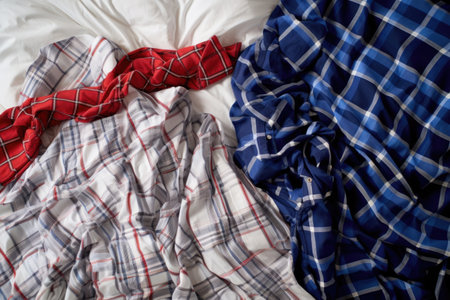 pajamas laid next to each other on a double bed, created with generative aiの素材