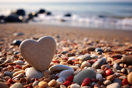heart-shaped pebble surrounded by smaller pebbles on a beach, created with generative aiの素材